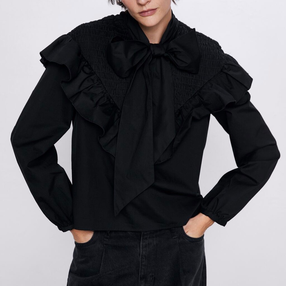 Zara Poplin Blouse with Tie - Picture 2 of 6